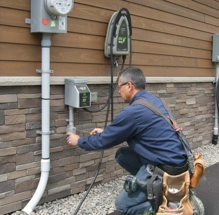 Maître électricien d'Instélec installant une borne de recharge résidentielle certifiée RBQ à Laval